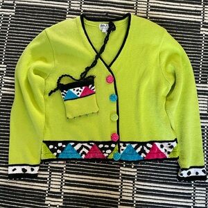 Vintage Lime Cardigan with Geometric Accents